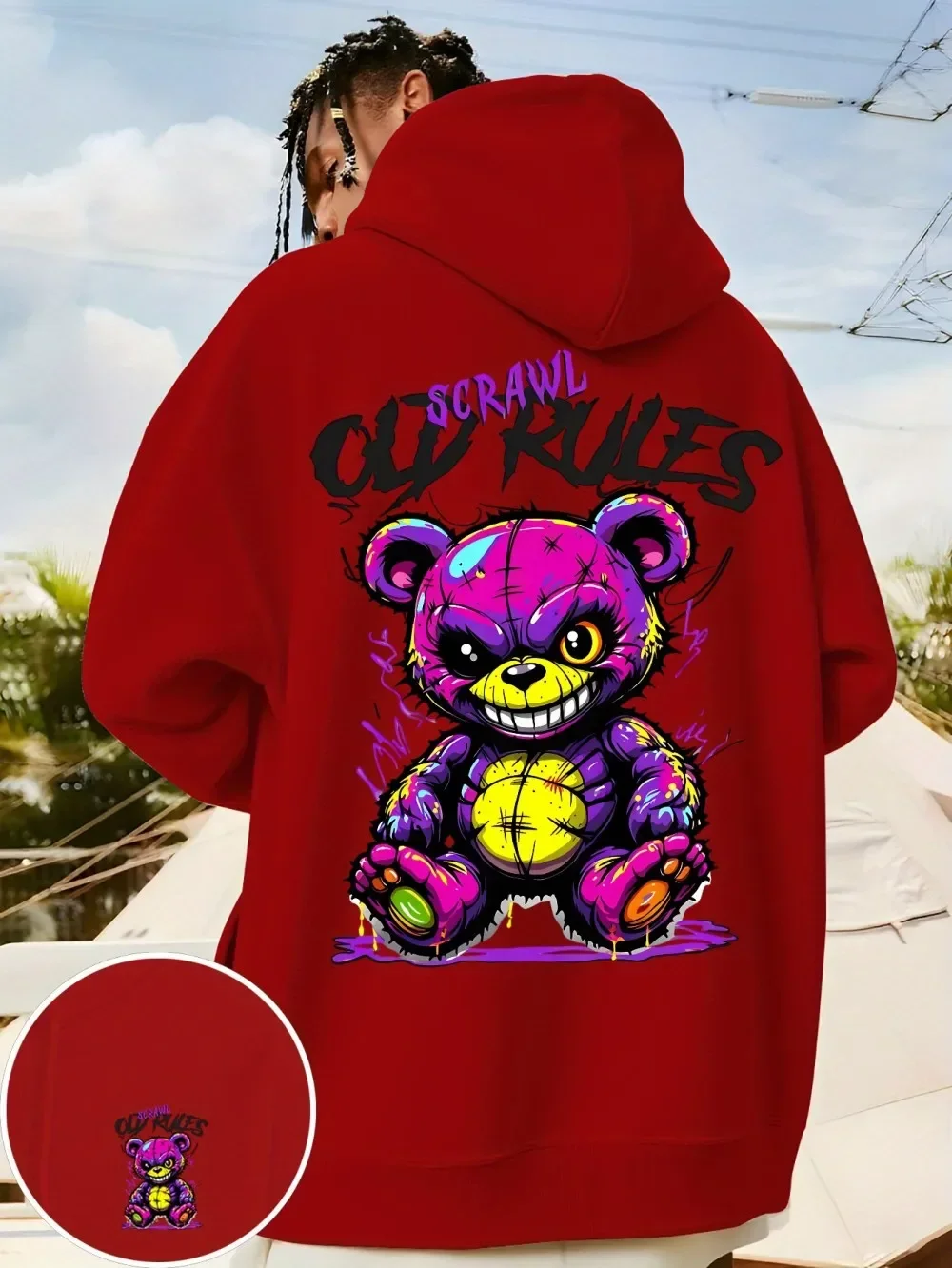 Evil Teddy Bear Hoodie, Unisex-Kapuzenpullover mit Kordelzug, Graffiti Old Rules Scrawl Bear Vorder- und Rückseiten-Print, Streetwear-Pullover – Detail 12