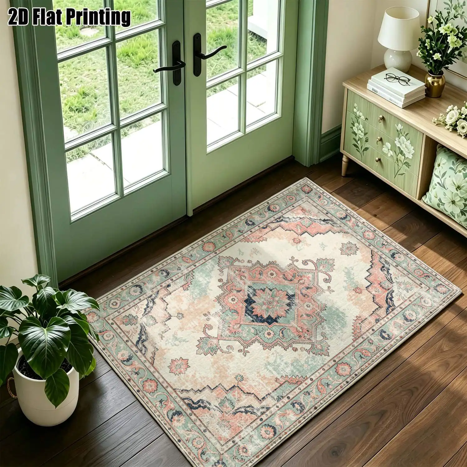 1Pc 2D Printed Carpet: Blue-Grey Retro Scroll Pattern, European Style, Machine Washable, Multi-Size for Multi-Scene Use