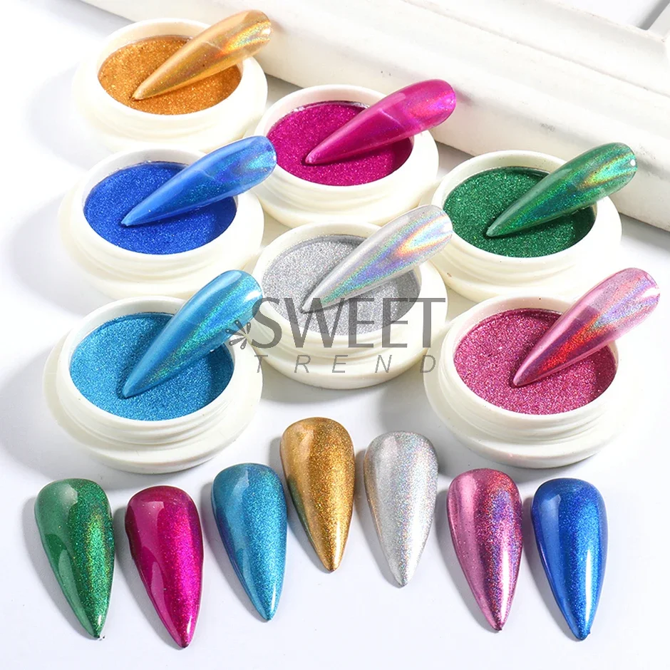 Holografisch Chroom Stevig Nagels Poeder Laser Metallic Glitter Wrijven Stof Zilver Blauw Pigment Iriserende Accessoires Decoratie
