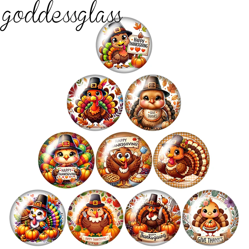 Cartoon turkey Happy Thanksgiving Day pumpkin 12mm/18mm/20mm/25mm Round photo glass cabochon flat back Making findings Jewelry