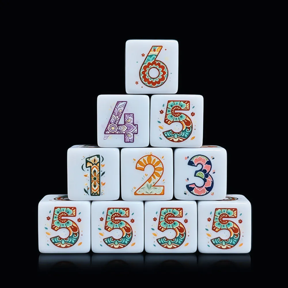 12Pcs Printed Mandala Floral D6 Dice 16mm White Acrylic Six Sided Colorful Boho Flower Pattern Dice For RPG DND Table Game Party