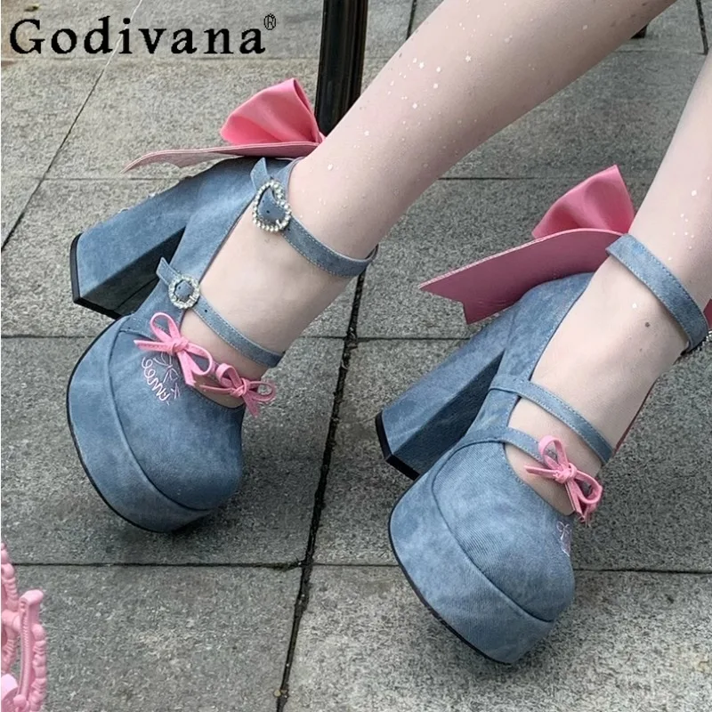 

2025 New Lolita Waterproof Platform Shoes Doll Style High Heels for Women Sweet Bow Mary Jane Girls Solid Color Shoes