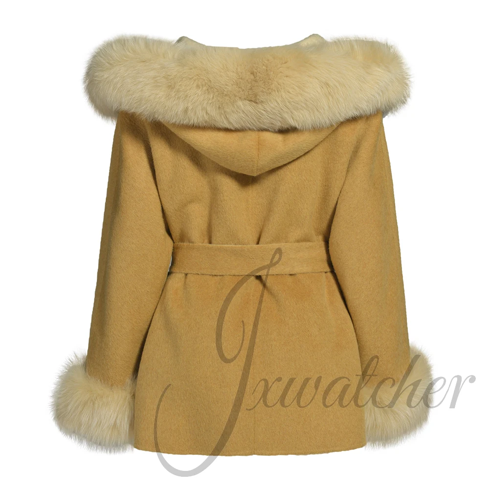 Jxwatcher 양면 울 코트 리얼 폭스 퍼 2025 가을 겨울 패션 후드 코트 여성 패션 루즈 스타일 재킷 신상품