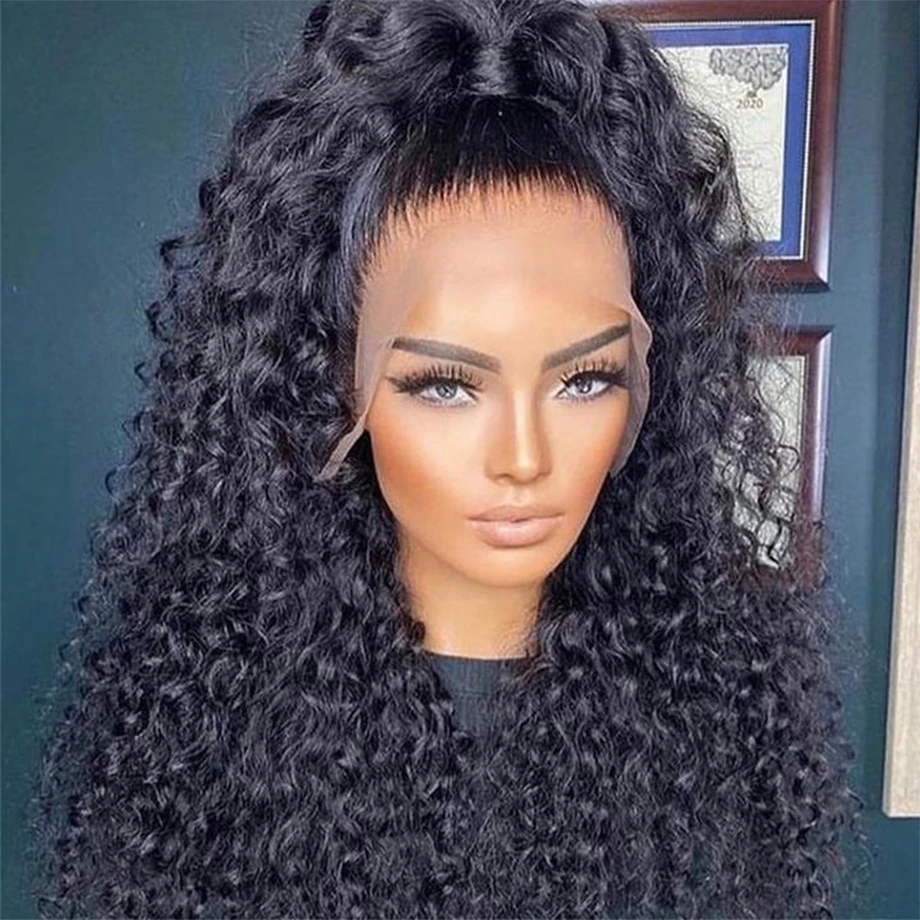 Deep Wave Frontal Wig 13x4 Transparent Lace Frontal Wig PrePlucked 28 30 Inch Deep Curly Lace Front Human Hair Wigs For Women