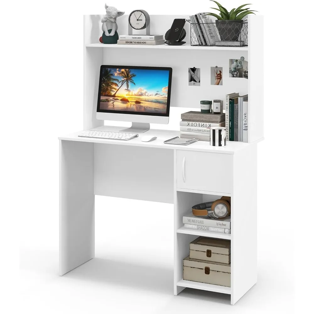 

Computer desk, home office desk, with raised display rack and 2 open shelves, cabinets with doors
