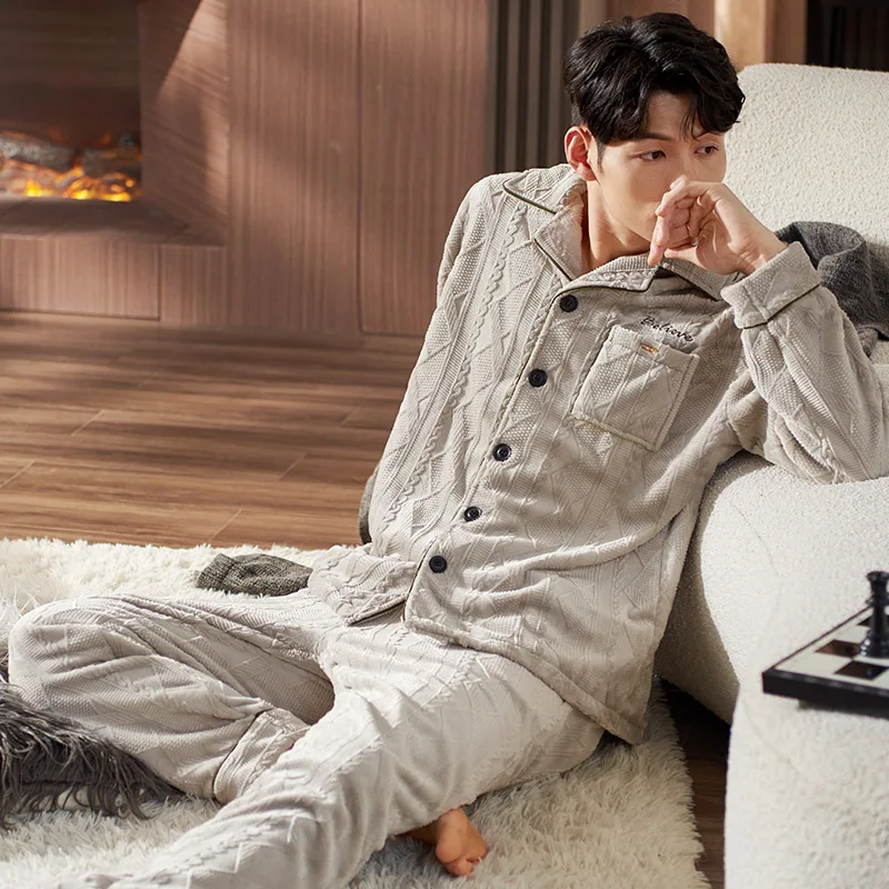 Conjuntos de pijamas de franela gruesa de otoño e invierno para Hombre, ropa de dormir cálida sólida de estilo a la moda de manga larga, Pijama grande de yardas 3XL para Hombre