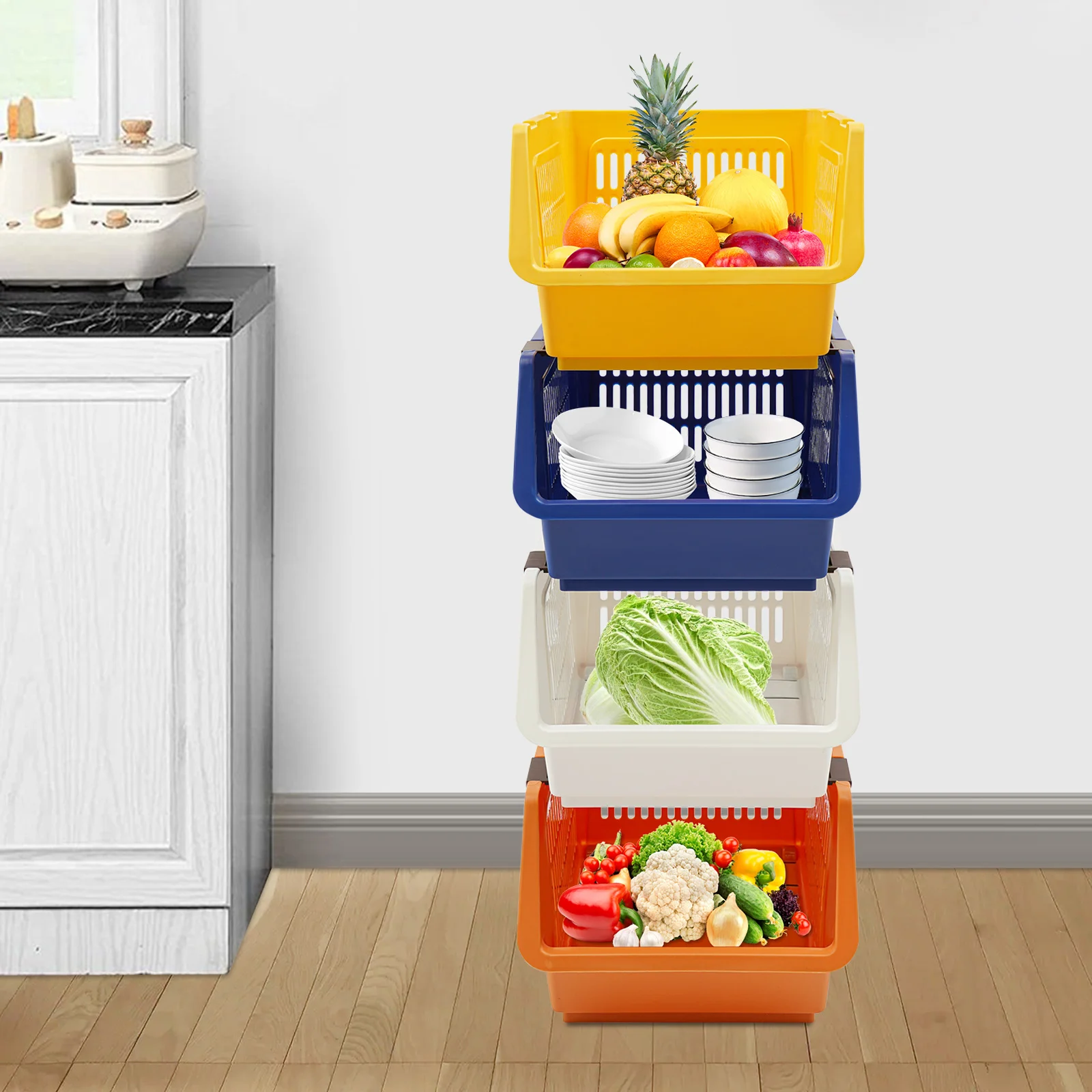 سلال تخزين قابلة للتكديس، 4 عبوات، صناديق تنظيم وحدات كبيرة، حاويات تخزين مستطيلة متعددة الاستخدامات، منظم منزلي حديث