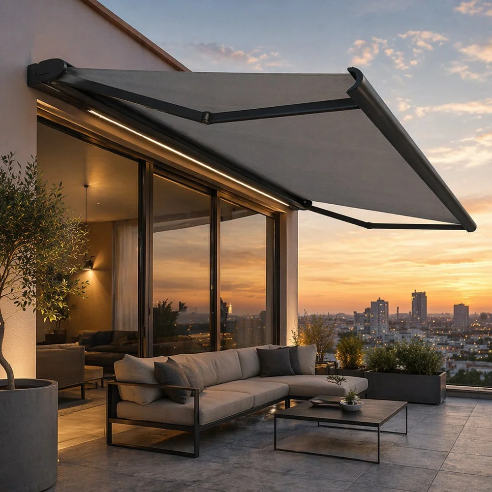Commercial-grade heavy-duty telescopic folding arm awning with Alexa and Google voice commands for large commercial spaces