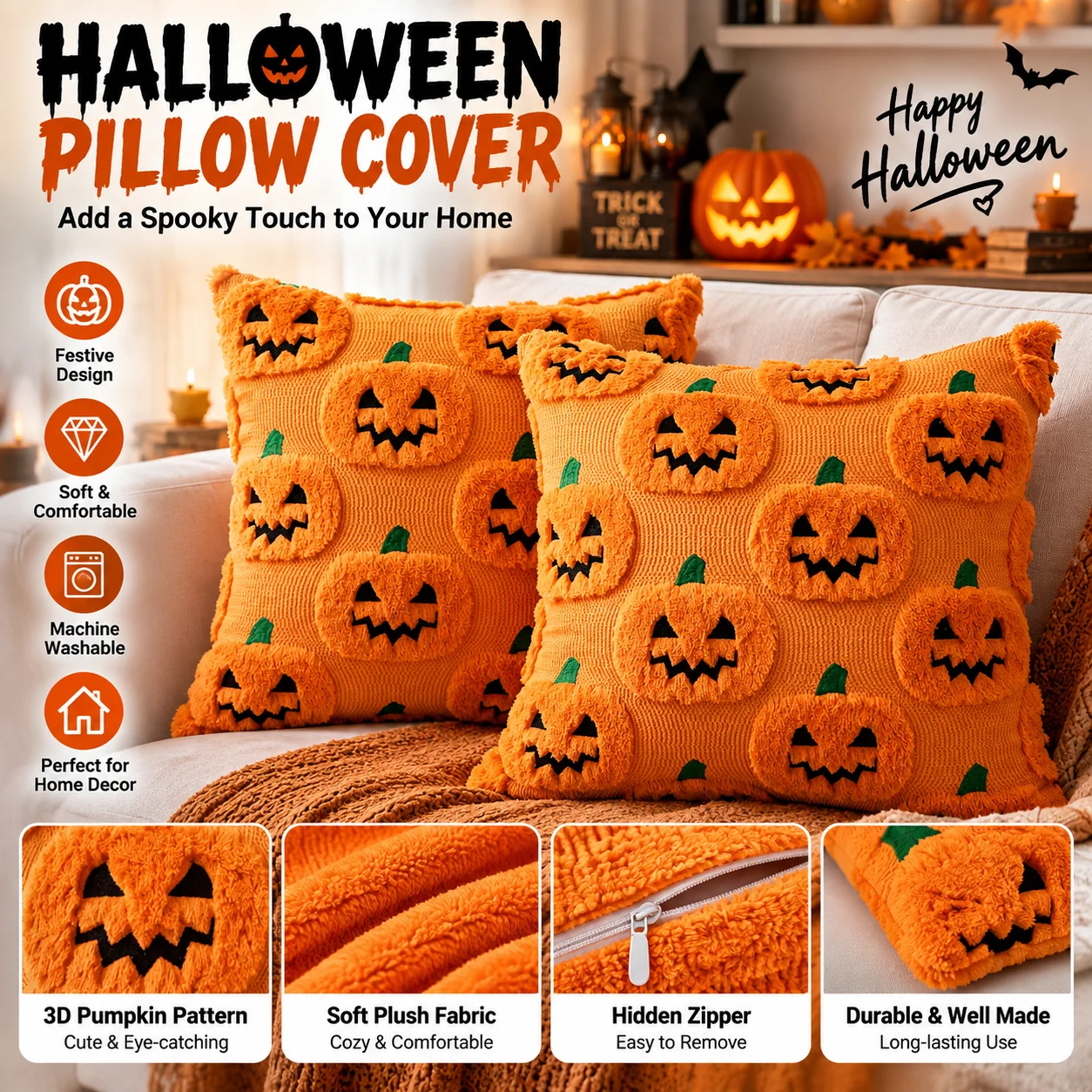 Pumpkin Pattern Fall Halloween Throw Pillow Covers 18x18 1 Pack Soft Plush Faux Wool Decorative Cushion for Sofa Home Decor