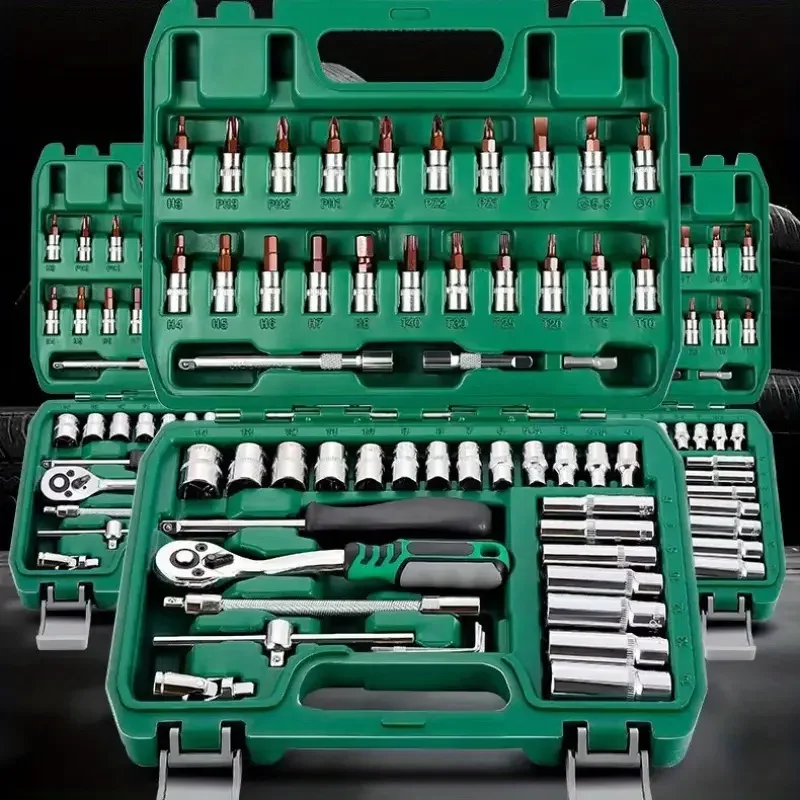 46pcs Advanced Car Repair Kit Professional Ratchet Set Green Toolbox - Automotive Tool Set for Car Maintenance Essentials