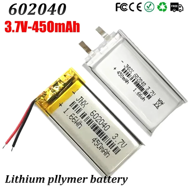 New 602040 3.7V Rechargeable Polymer Li-ion Battery 450mAh for Backup Power LED PC 552040 601949 DVR GPS Electric Toothbrush