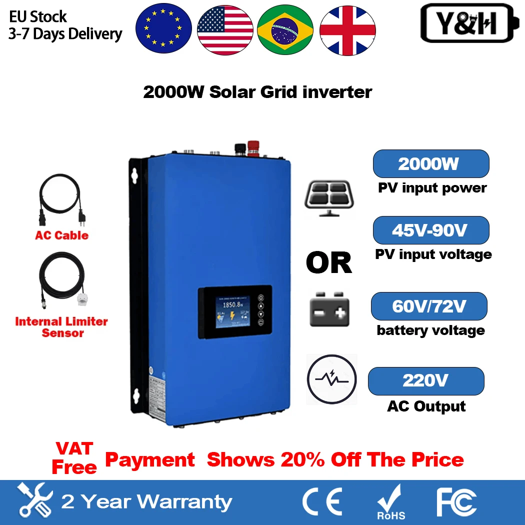 Y&H 2000W MPPT Grid Micro Solar Inverter Battery Discharge Power Mode With Limiter Sensor PV DC 45-90V AC 220V Solar Converter