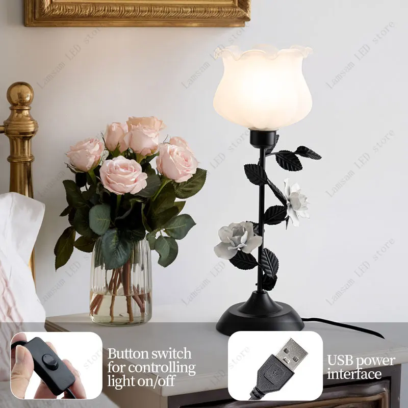 LED-Blumenlampe, AC oder DC-betrieben, dreifarbig, pastoral, dekorative Blumen-Schreibtischleuchte für Schlafzimmer, Wohnzimmer, Arbeitszimmer, Kinderzimmer