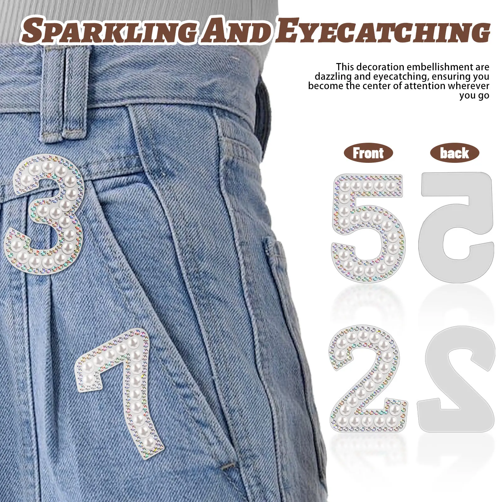 10Pcs Unique Rhinestone Pearl Iron on Number Appliques 0-9 Eye Catching Sparkling DIY Clothing Patches for Parties Weddings