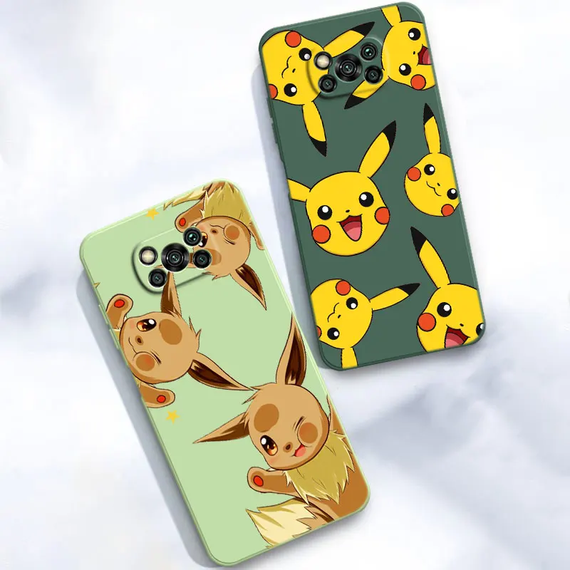 New Cute Pikachu Eevee Square Liquid Silicone Phone Case For Funda Xiaomi Mi POCO F5 Pro X5 X4 X3 NFC M5S M3 M4 Pro F4 F3 GT 5G