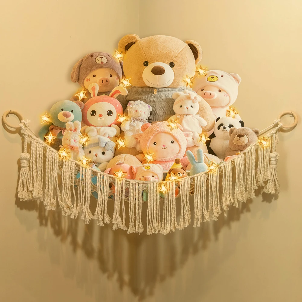 Stuffed Animal Toy Storage Hammock with LED Light-Macrame Jumbo Doll Room Corner Organizer Mesh Decoration-Hanging Storage Nets