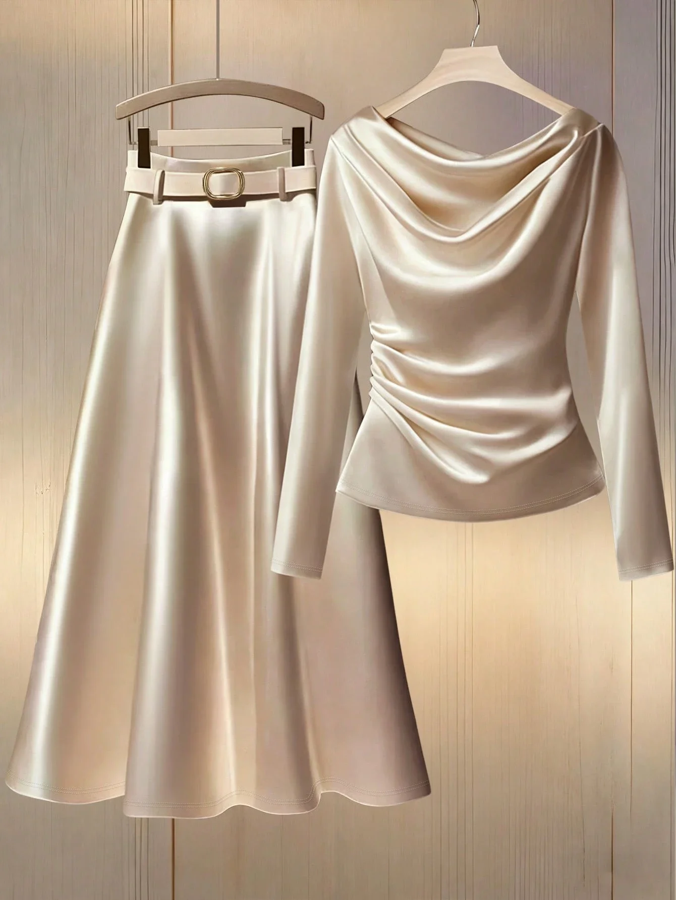 

Women's 2 Piece Set Cowl Neck Long Sleeve Belted Skirt Outfit