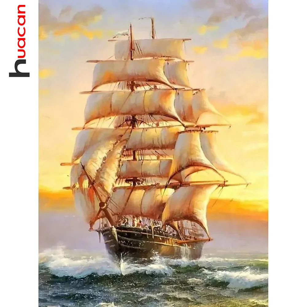 Huacan Full Diamond Painting Landscape Kit 5d Diy Diamond Mosaic Sailboat Rhinestone Pictures Home Decoration