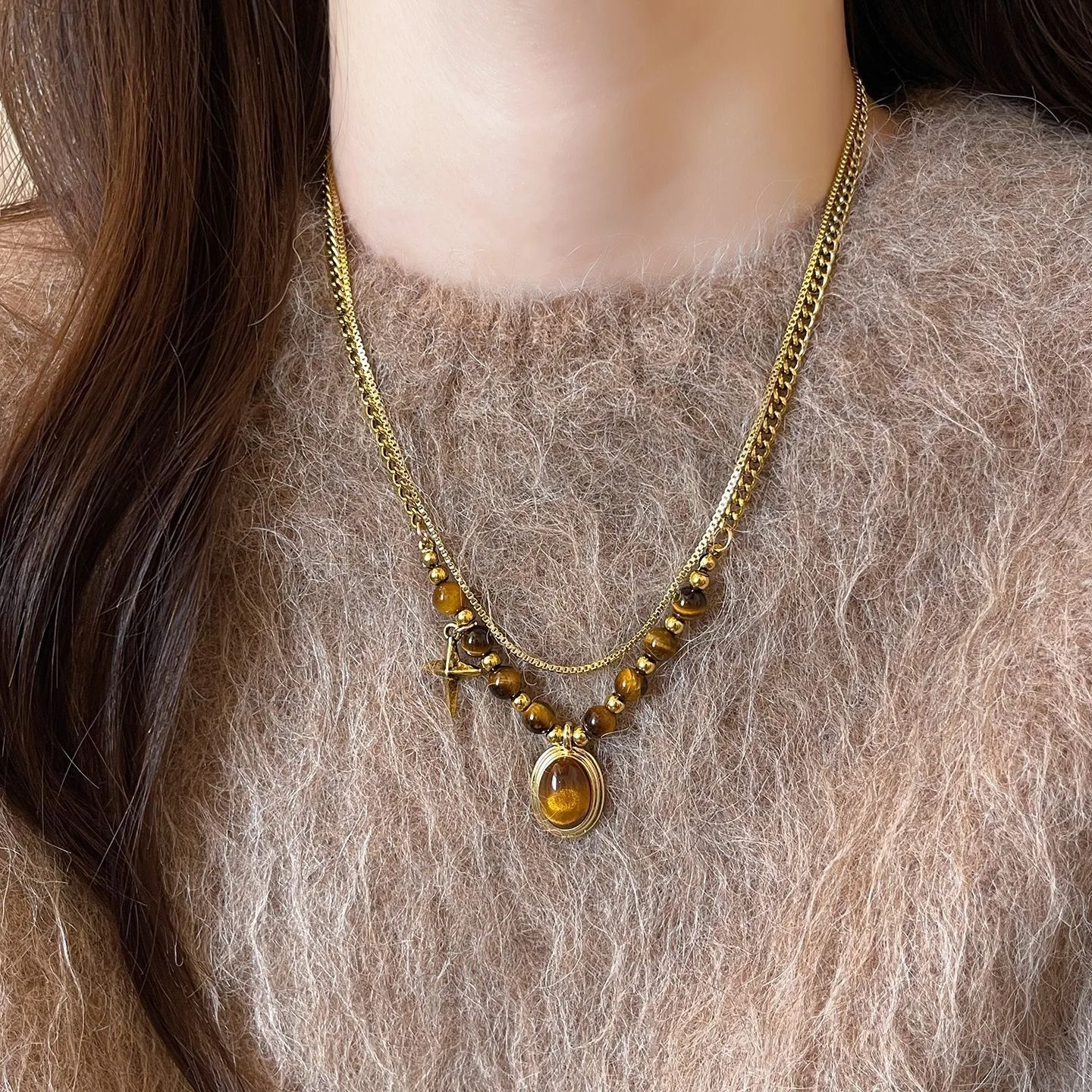 Vintage Fashion 2 Layers Tiger Eye Stone Beads Necklace For Women Personalized Zircon Star Pendant Stackable Choker Jewelry Gift