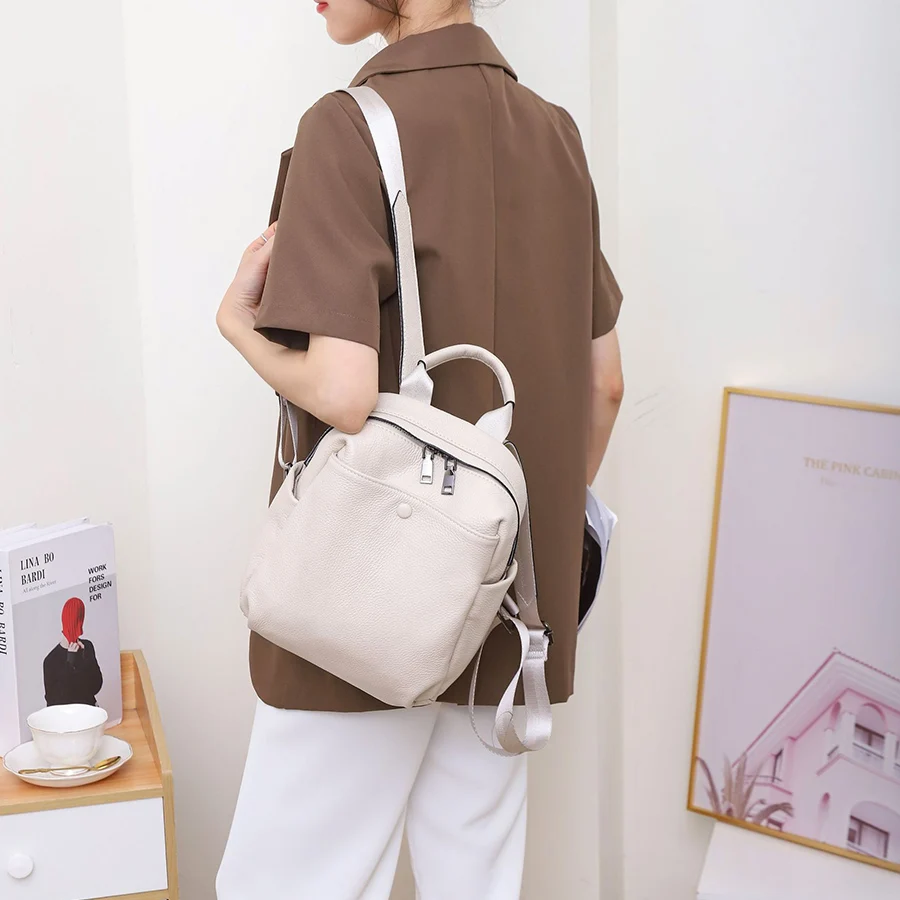 Fashion Soft Real Cowhide Backpack Women/Men Multi Zip Pockets Solid Color Daily Casual College Spacious Knapsack Travel Mochila