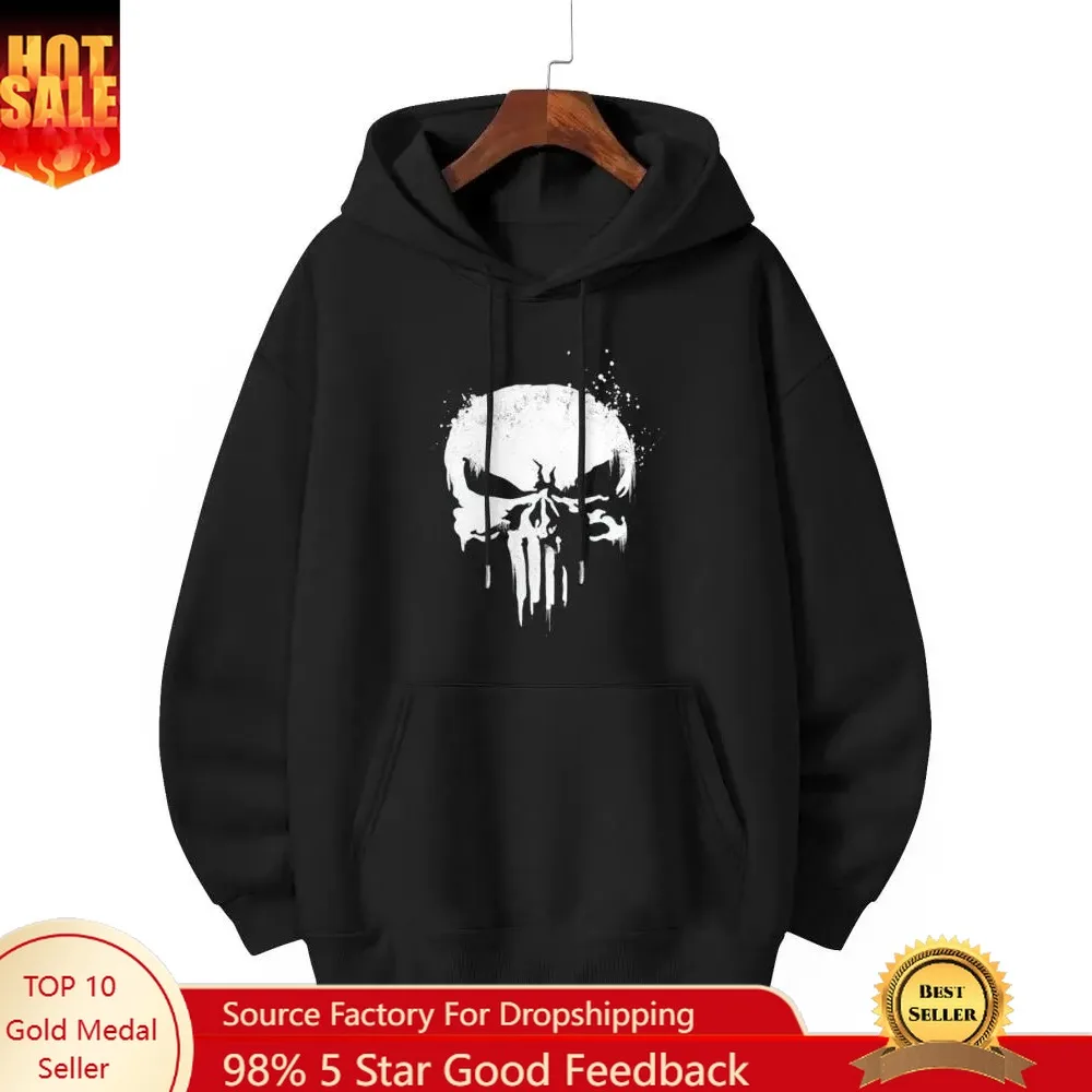 

MARVEL The Punisher White Ink Splatter Skull Logo Pullover Hoodie Black with Front Pocket Medium Size