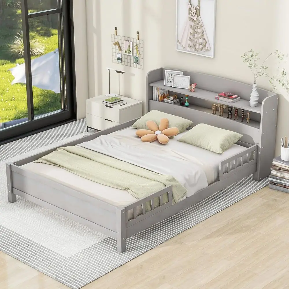 

Full Size Platform Bed with Storage, Kid's LED-lit Bed Frame, Antique Grey