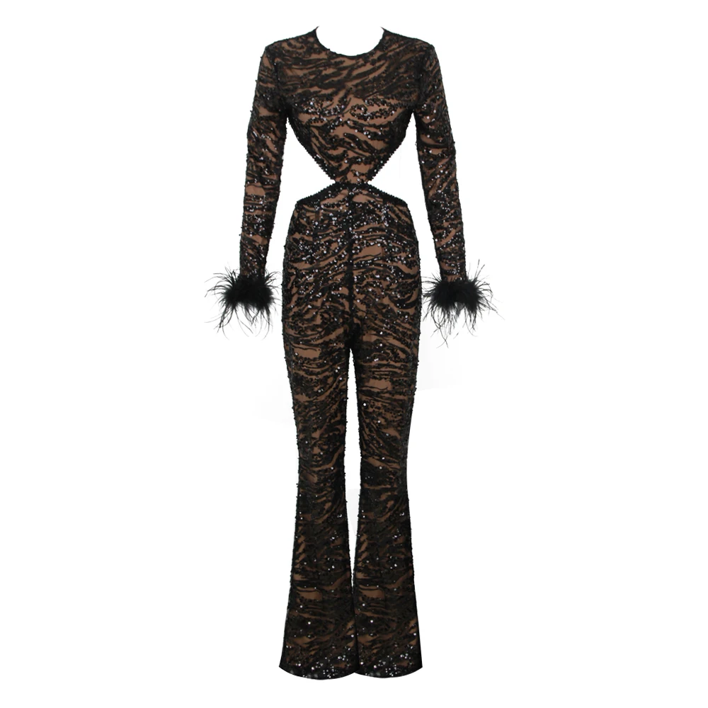 Sexy Hollow Out Black Sequins Bodycon Jumpsuit For Women Elegant Feathers Long Sleeve O Neck Celebrity Evening Party Jumpsuit