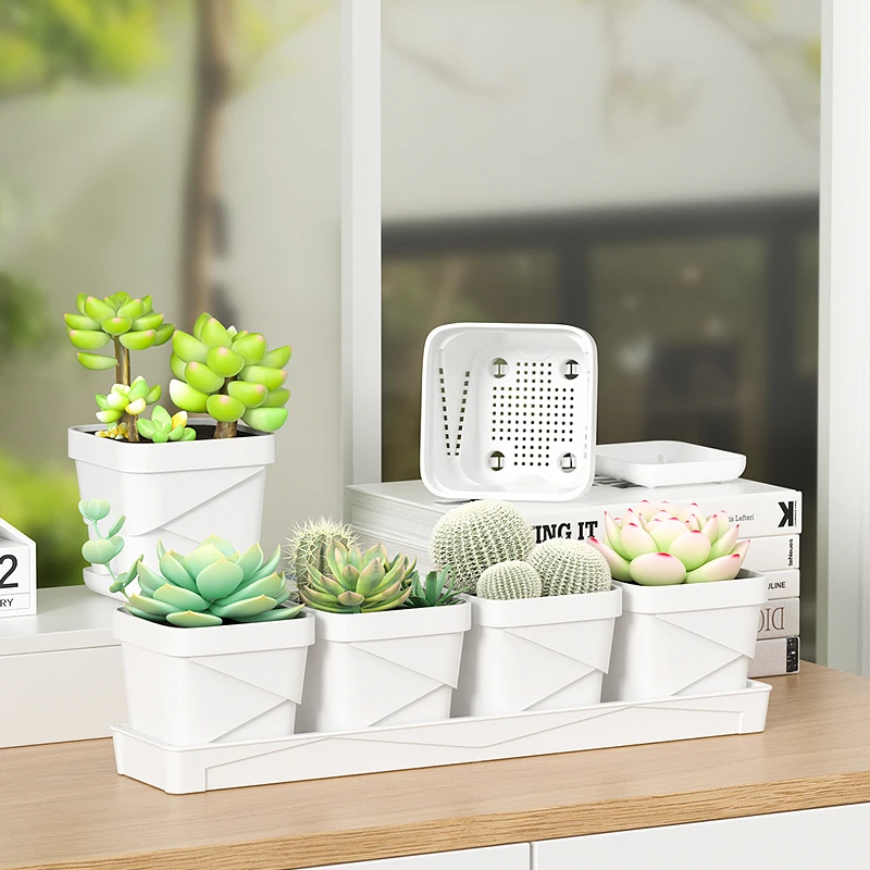 Square Ventilated Plastic Flower Pot (with Thick Tray) - Specialized for Succulents, Suitable for Home and Office Desktop Use