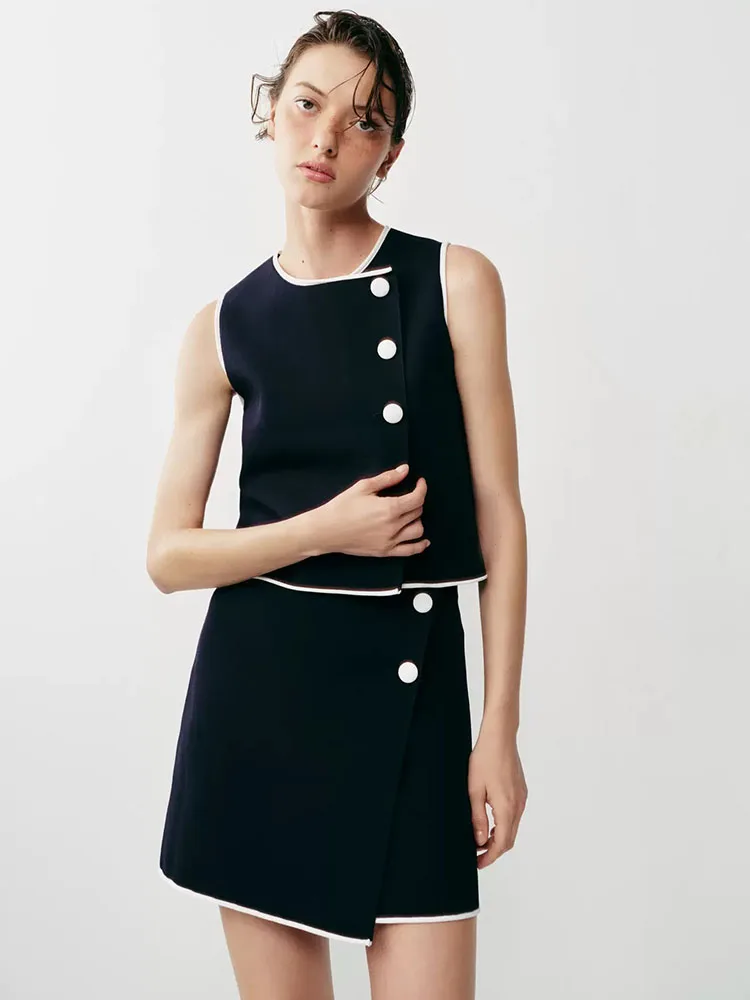 Summer New Arrival Women's Knitted Top with A-Line  Skirt Regular Sleeveless round Neck Single Button Chinese Style Fashion