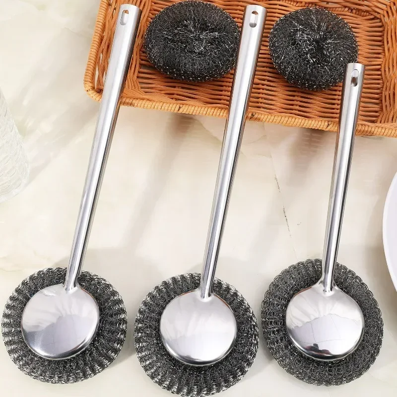 1/20x Steel Wool Scrubber with Handle Stainless Steel Pan Cleaner Scrubber with Long Short Handle Cleaning Replaceable Wire Ball