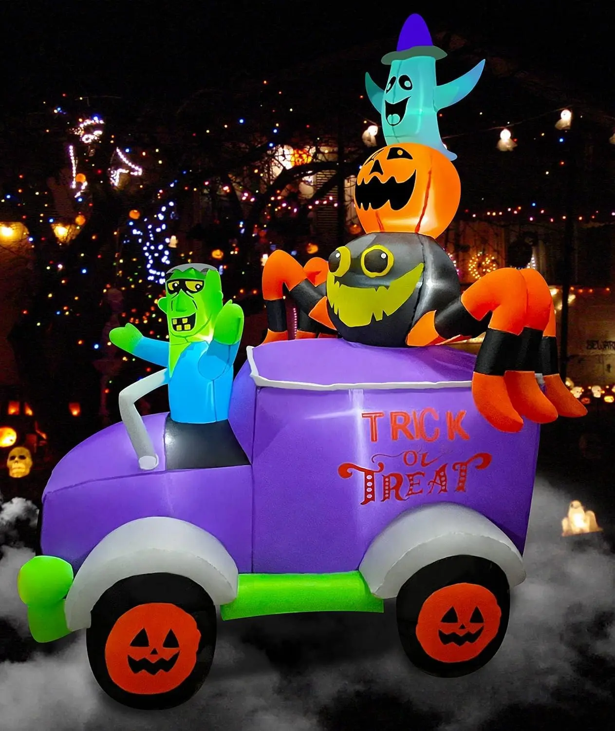 8FT Halloween Inflatable Horror Frankenstein Driving Car | with Spider,Pumpkin and Ghost,Build in Lights Blow Up Lighted Decor I