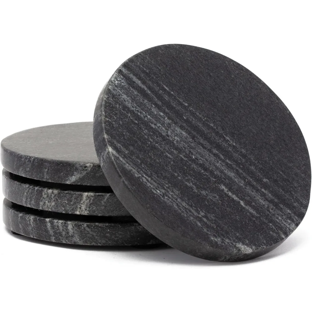 

4 Pack Natural Black Marble Round Coasters with Protective Felt Feet on The Bottom 4" Diameter Elegant Heat Tolerant Easily Wip