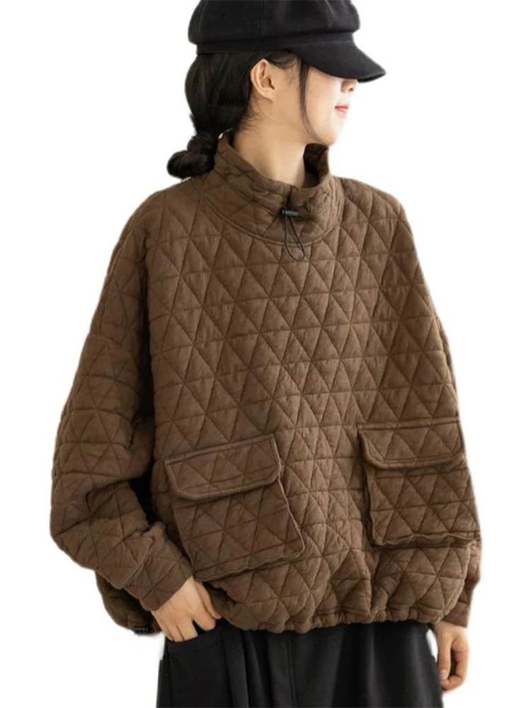 Koreański Japoński Bluza z Kapturem z Bawełny Thiened Luźna Retro Diamentowa Bluza z Wysokim Kołnierzem Odzież Wierzchnia dla Kobiet