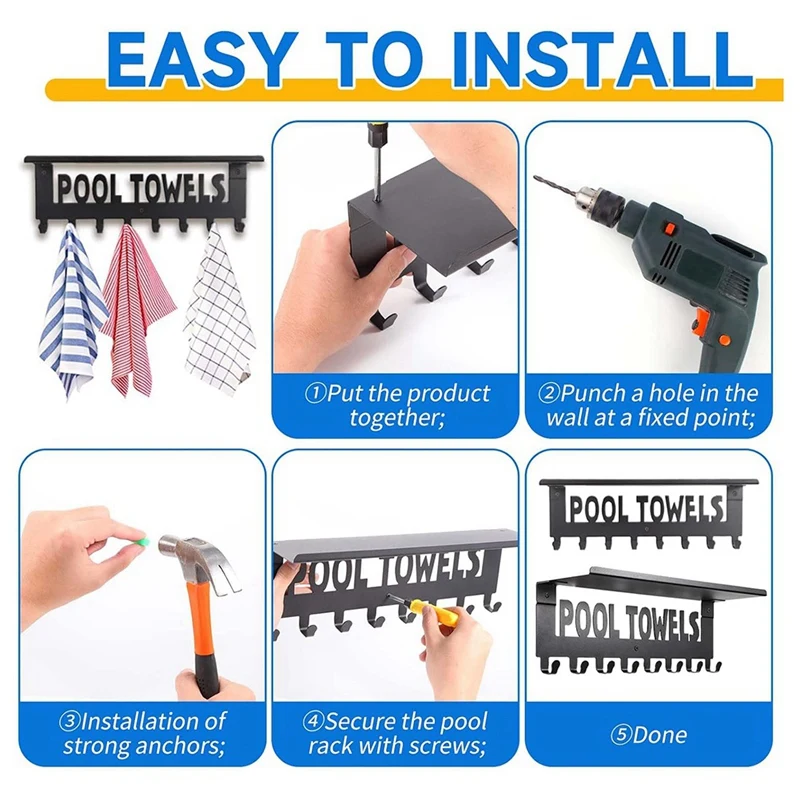 Pool Towel Racks With Shelf Outdoor Pool Decor Wall Mount Towel Hooks Towel Holder With 8 Hooks Towel Storage Hanger