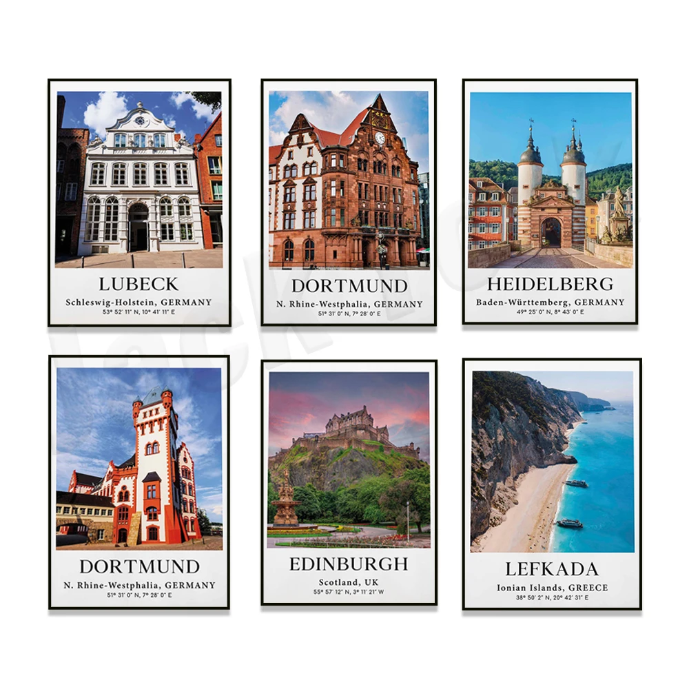 

Venice, Sicily, Heidelberg, Lubeck Germany, Santorini, Dortmund, Lefkada Greece, Edinburgh, Paris France, Europe travel poster