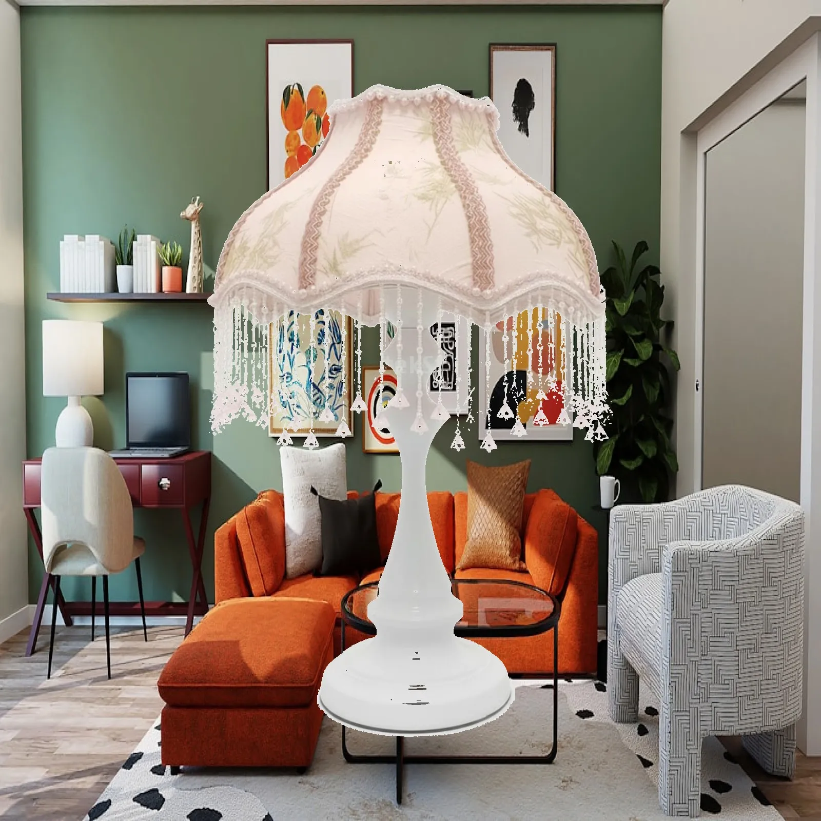 Floor lamp with lampshade, vintage-style fringed lamp adorned with beads