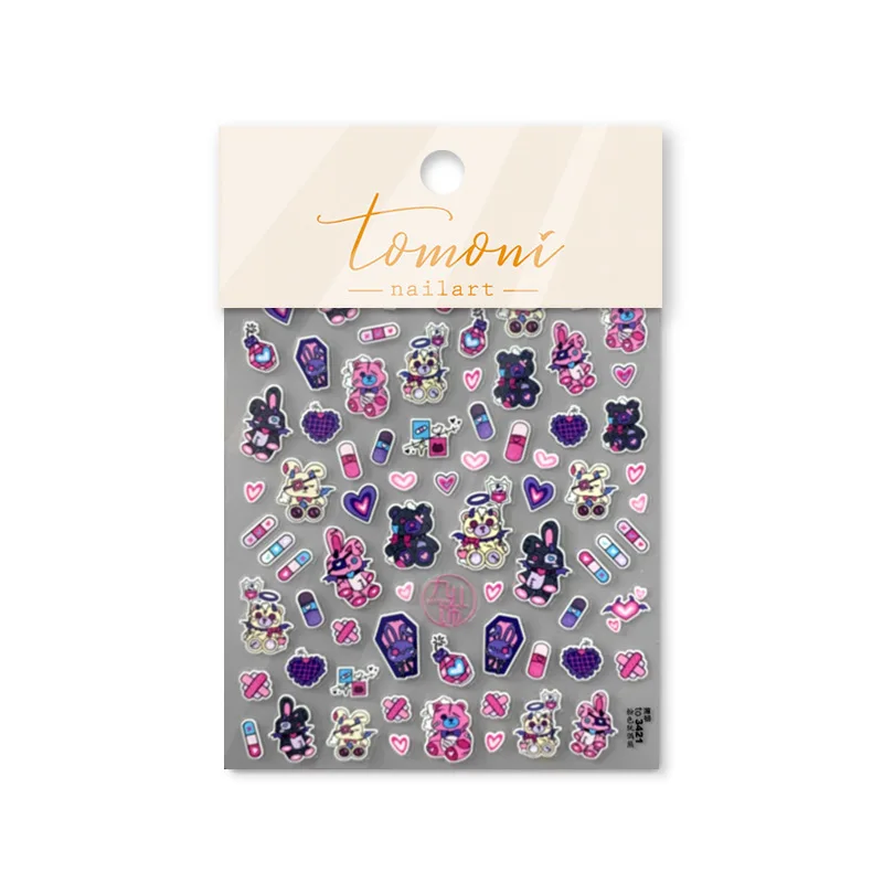 1 Blatt dunkle Kaninchen-Nagelaufkleber zum Aufdrücken der Nägel, ultradünn und flexibel, selbstklebend, niedliche Kawaii-Nagelkunst-Abziehbilder für Maniküre, Heimwerker