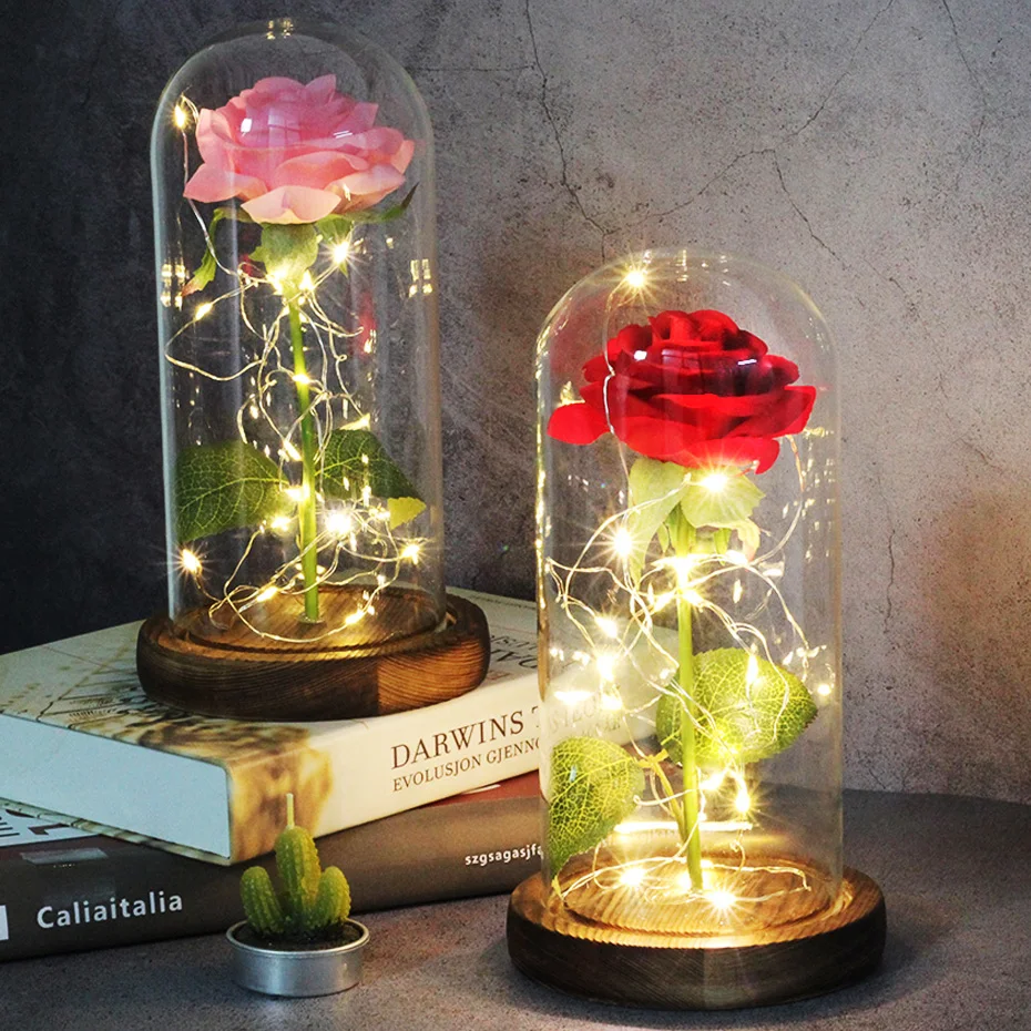 LED Beauty and The Beast Red Rose In Flask Glass Eternal Roses for  Family Decoration Valentines Day Gift Mother's Day Party