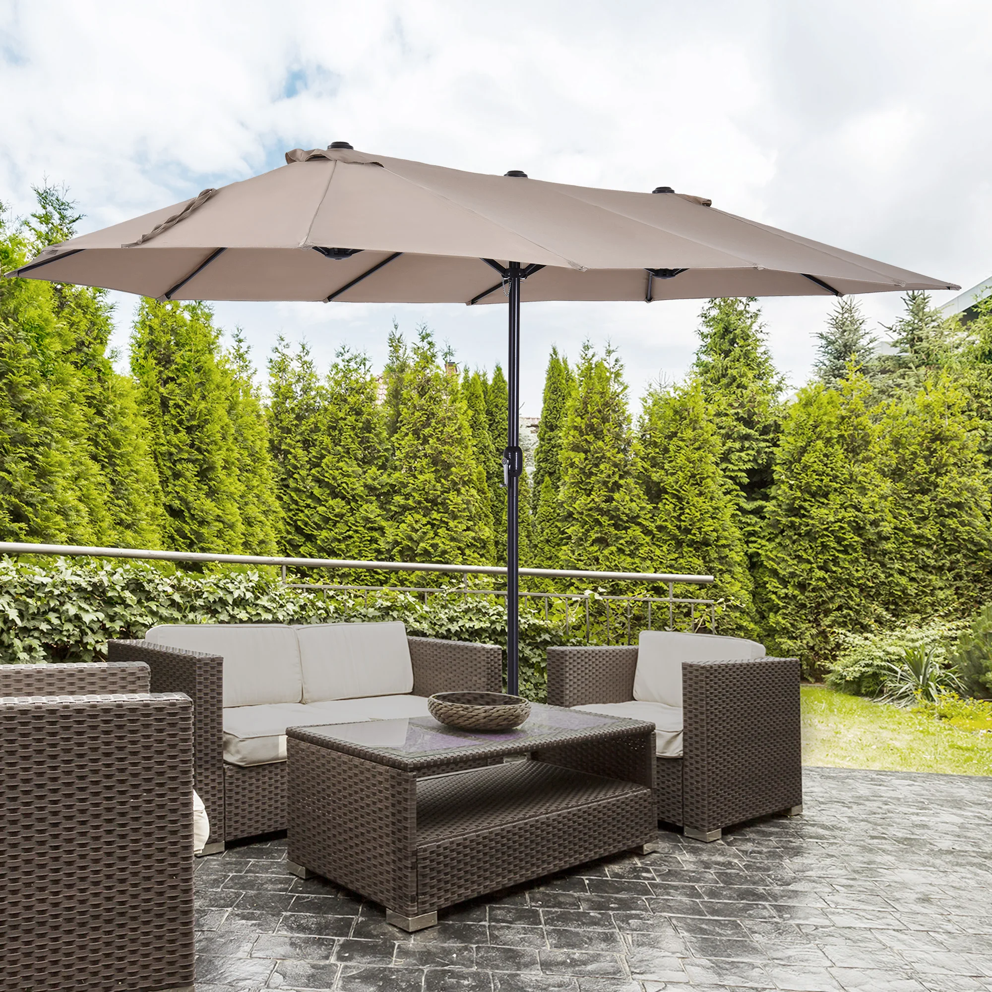 15FT Double-Sided Extra Large Umbrella, Patio Market Shade with Easy Crank, Perfect for Deck Backyard Pool, Tan