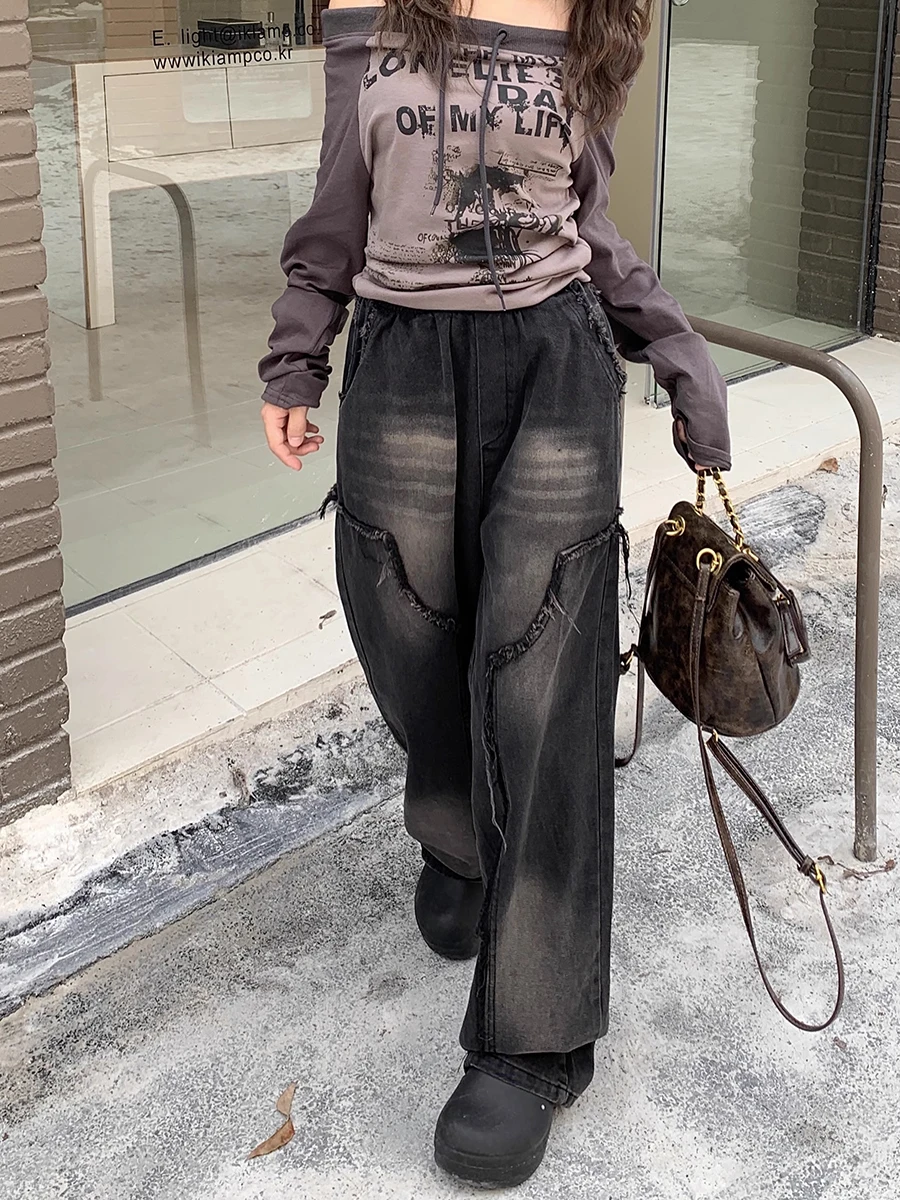 RORORIRI Patchwork Raw Edge Women Baggy Jeans Retro Black Whiskers Elastic Waist Wide Leg Casual Pants Hiphop Grunge Streetwear