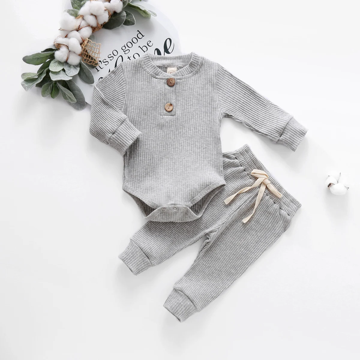 Newborn Unisex Baby Fall Winter Clothes Long Sleeve Romper Tops and Casual Pants Infant 2Pcs Outfits Set