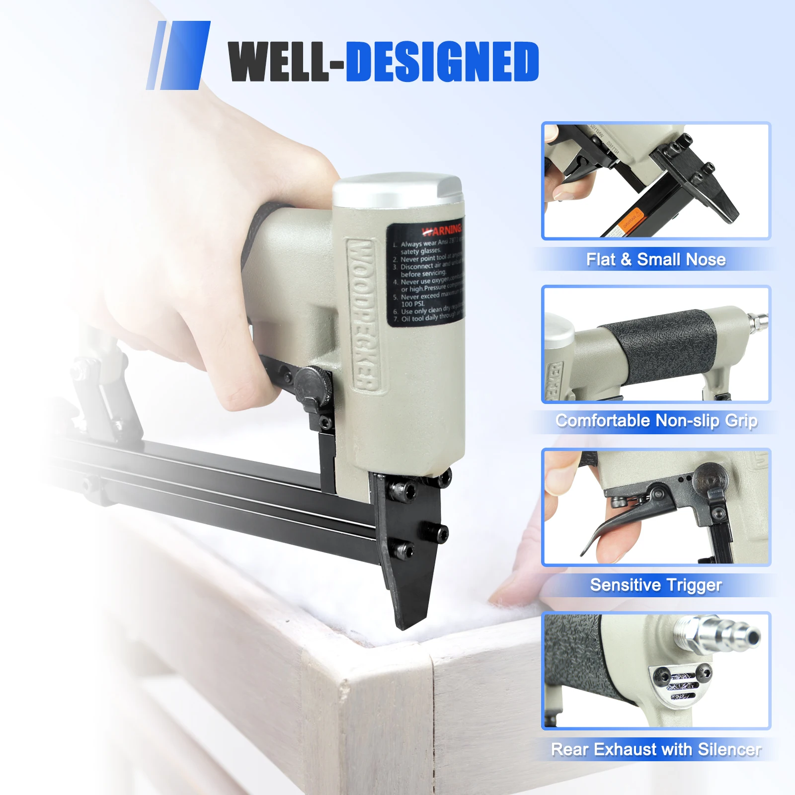 WOODPECKER N7116S 22 Gauge Pneumatic Continuous Firing Upholstery Stapler, 9.0mm Crown 6-16mm Length, for Woodworking, Furniture