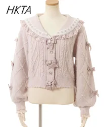 Lolita Kwaii Cute Girls Sweters Women Autumn and Winter New Naval Japanese Mine Sweet Bow Knitted Cardigan Liz Sweater Jacket