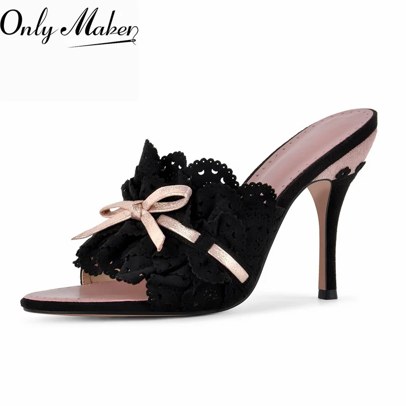 Onlymaker Black Eyelet Lace Slide Mules Bow Ruffled Hollow Cutout Peep Open Toe Slip On Pink Stiletto High Heel Party Sandals