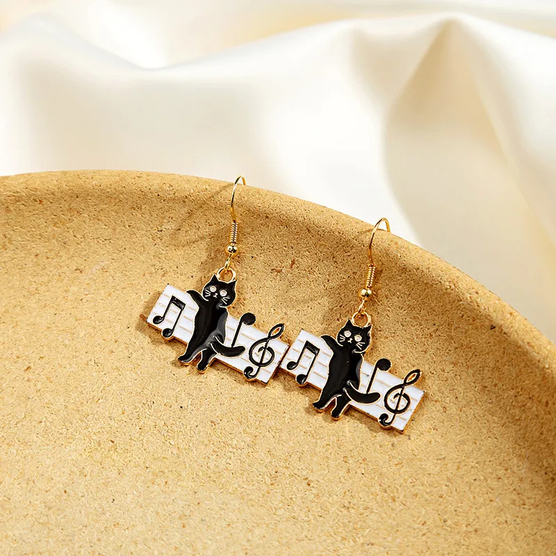 Cute Black Cat Music Piano Pendant Earring Fashion Retro Personality Kitty Dangle Ear Jewelry Party Gifts For Women Girls