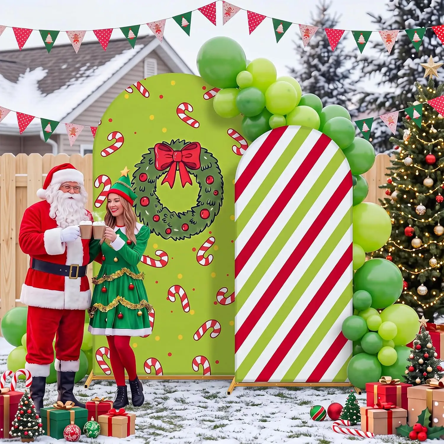 Custom 2-sided Christmas Wreath Arch Backdrop Cover Candy Cane Party Decor for Holiday Red Green Stripe Winter Photo Background