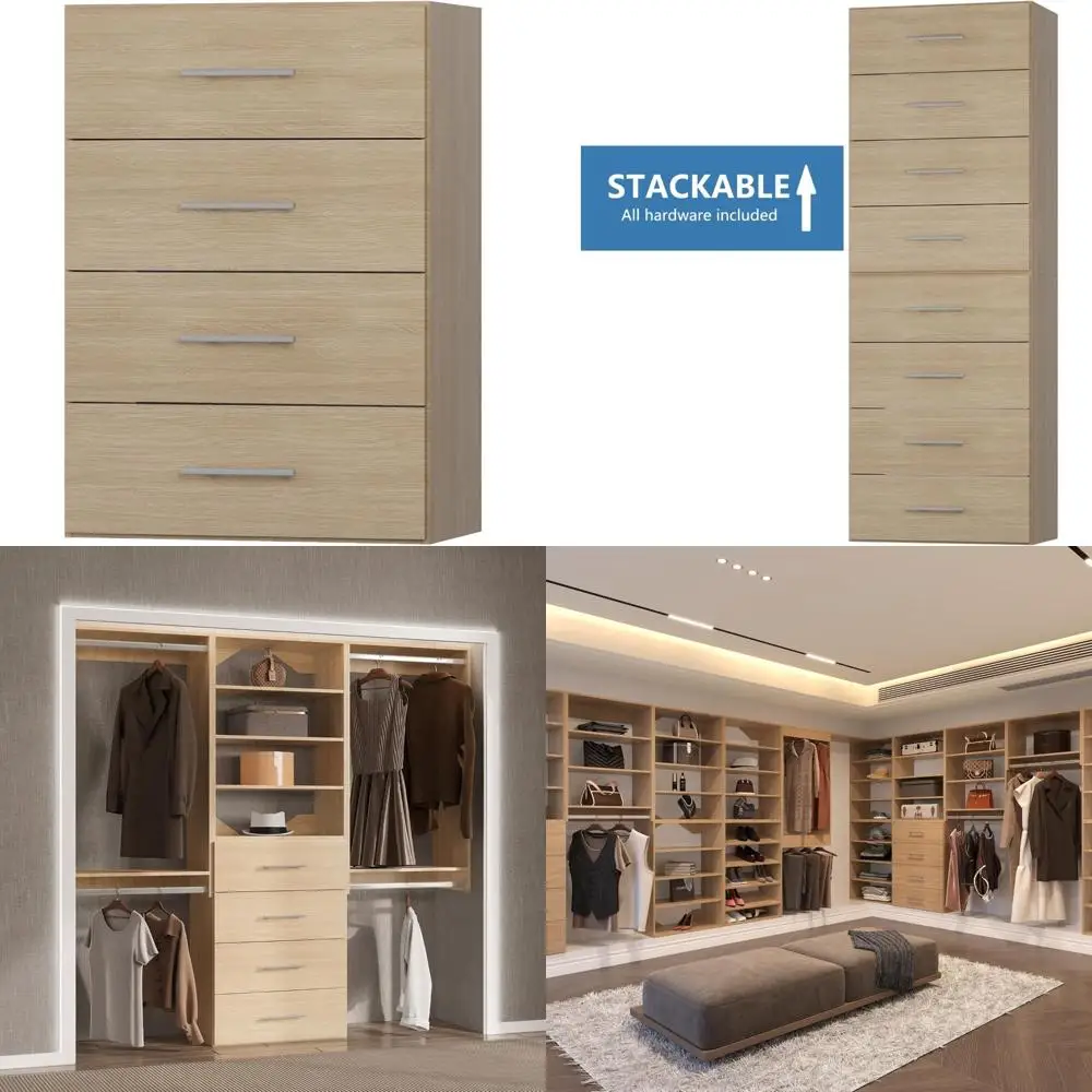 Sistema modular de organizador de armário de madeira para soluções de armazenamento walk-in, armazenamento eficiente de roupas em unidade de torre curta de 4 gavetas