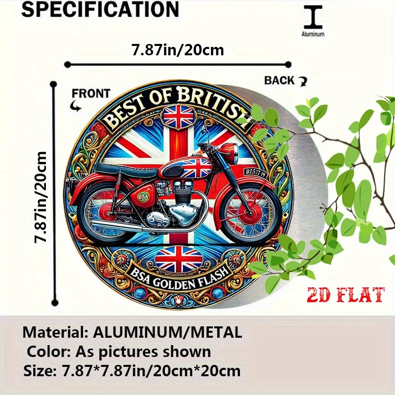 One Piece of 2D Flat Golden Flash Round Aluminum Sign Measuring 7.87 by 20x20cm , Featuring British Motorcycle Themes