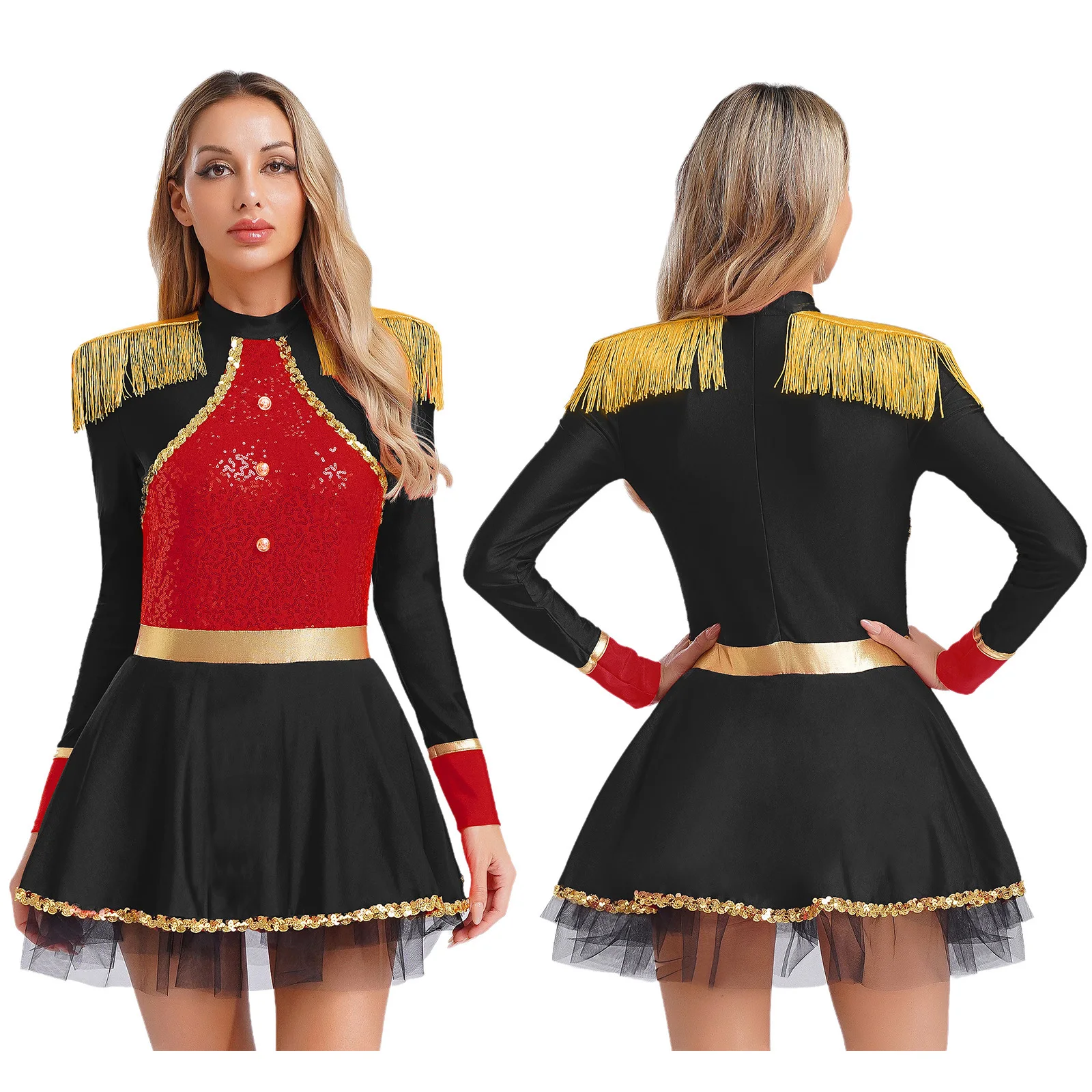 

Women Halloween Circus Ringmaster Magician Cosplay Dress Long Sleeves Shiny Patchwork Tutu Dress for Circus Role Play Uniforms