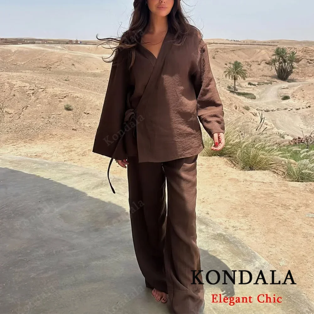 

KONDALA Women Fall 2025 Fashion Textured Double-breasted Kimono Coat Elastic Waist Pockets Set Summer Loose Trousers 2 Piece Set